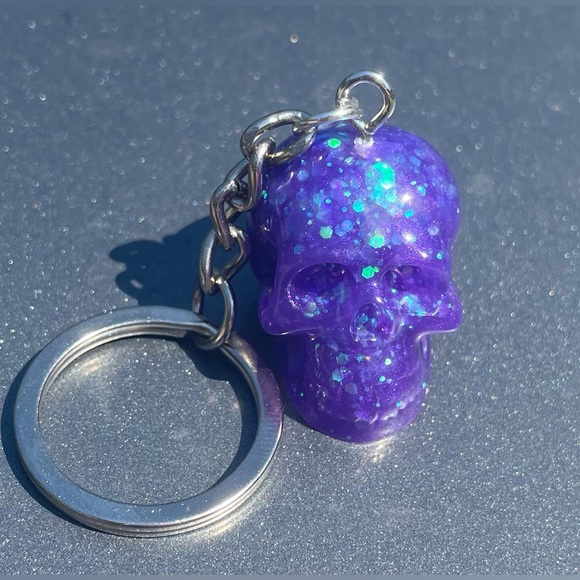 Hand Crafted Accessories - Handmade Resin Purple Glitter Skull Keychain